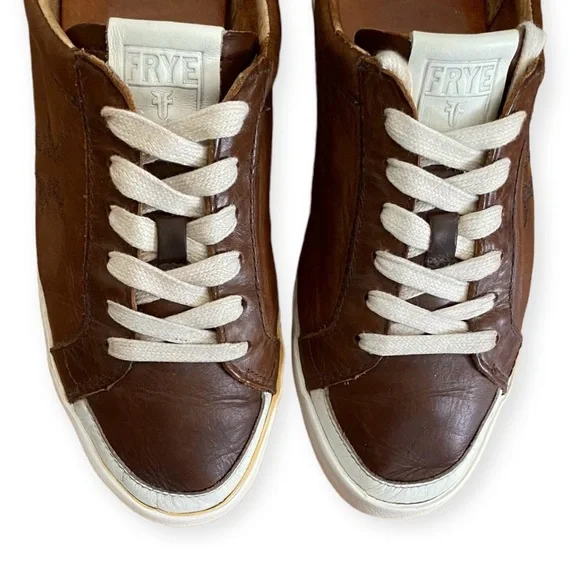 Frye Dylan Vintage Distressed Leather Brown Cream Sneakers Size 6.5 - Picture 3 of 12